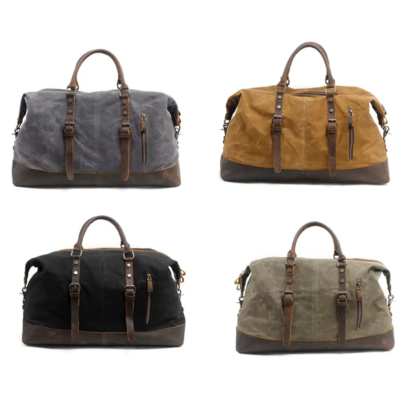 

NEW-Vintage Waxed Canvas Men Travel Duffel Large Capacity Oiled Leather Weekend Bag Basic Holdall Tote Overnight Bags