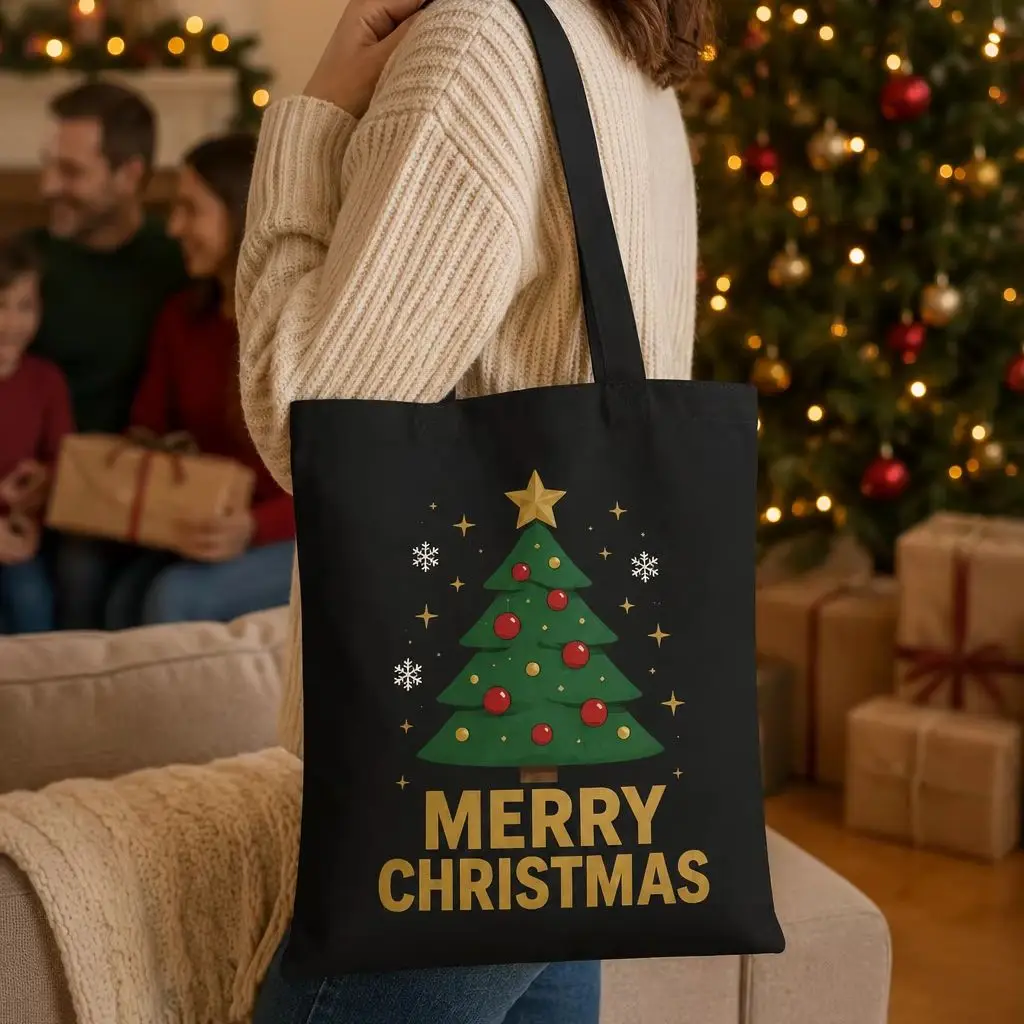 Custom 10PS Canvas Tote Bag Merry Christmas Tree Custom Name Logo Text Large Shopping Gift Handbag For Women Friends Holiday