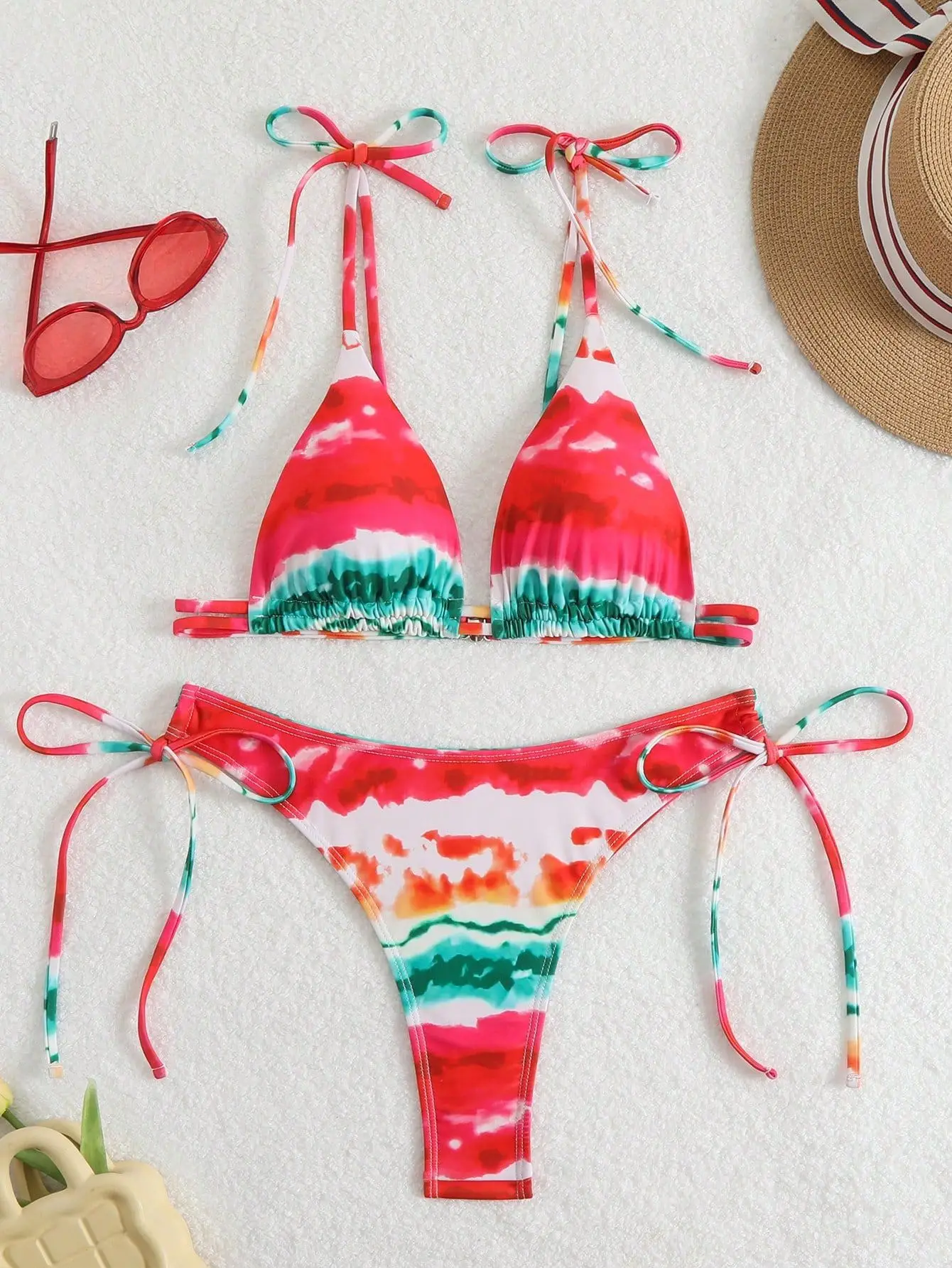 

sexy red tie dye print micro bikinis sets two pieces thong tie swimsuits Swimwear conjunto de bikini tankini beachwear biquini