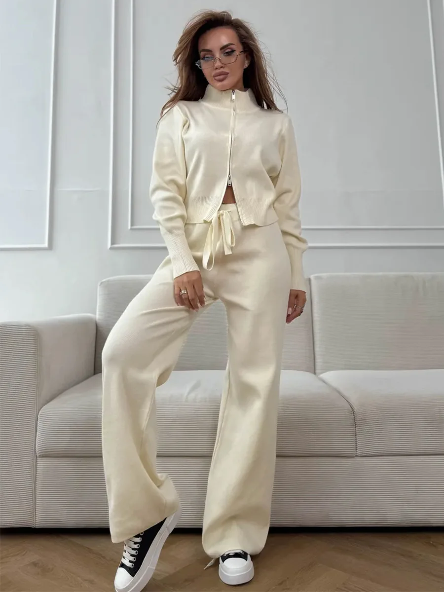 Wolfeel Set Celana Rajut Ritsleting Musim Gugur Musim Dingin Baru Celana Kardigan Slim Fit Trendi Wanita Pakaian Sweater Komuter Chic