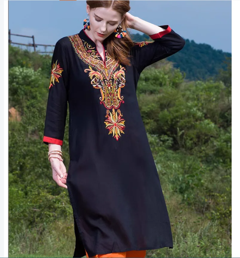 Spring and Autumn Traditional Slimming Ethnic Style Embroidered Black Coat