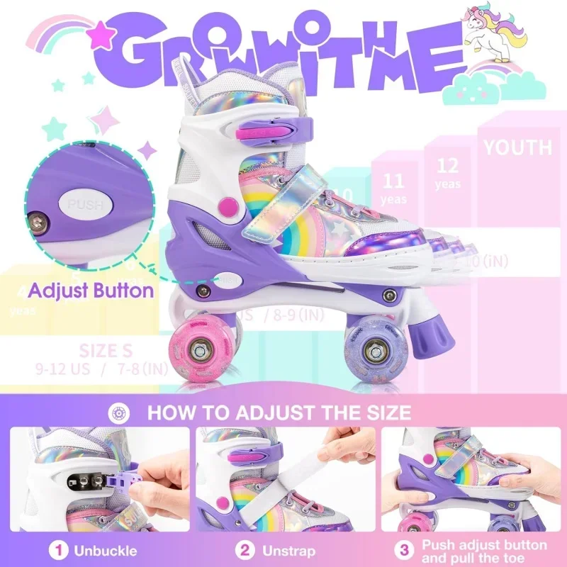 Rainbow Unicorn 4 Size Adjustable Light up Roller Skates Girls Boys Kids