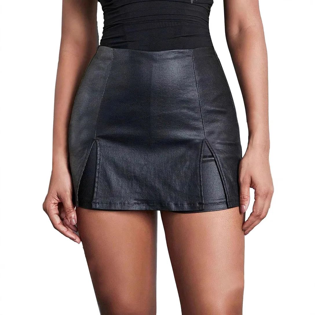 

2025 Spring Summer Models Low Waist Anti-light PU Leather Hip-wrapped Pleated Short Skirt Female Slim and Thin A-shaped Skirt