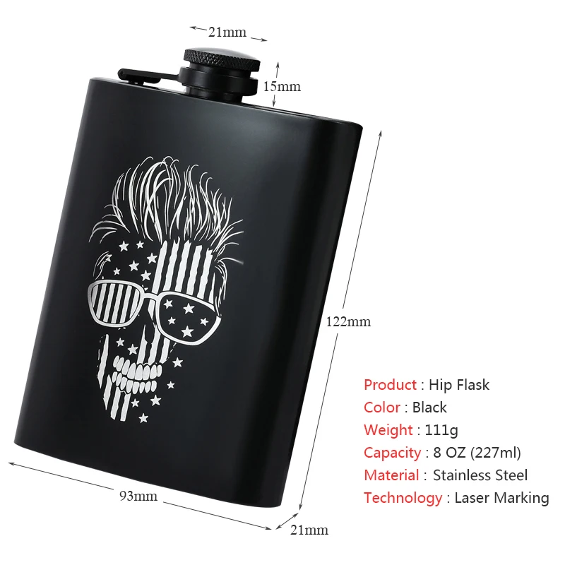 8 oz Black Portable Whiskey Vodka Liquor Skull Wolf Animation Anime Hip Flask Custom LOGO Metal Stainless Steel Wine Bottle
