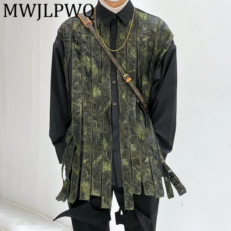 

MWJLPWQ Edge Frayed Design Male Long Sleeve Shirt High Street Spliced Lace Up Draped Loose Fit Unisex Couple Style Tops 12248