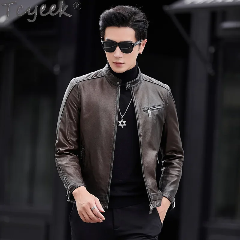 Tcyeek 100% Sheepskin Coats Genuine Leather Man Jackets Vintage Leather Coat Spring Autumn Clothes Men's Motocycle Jacket 2024