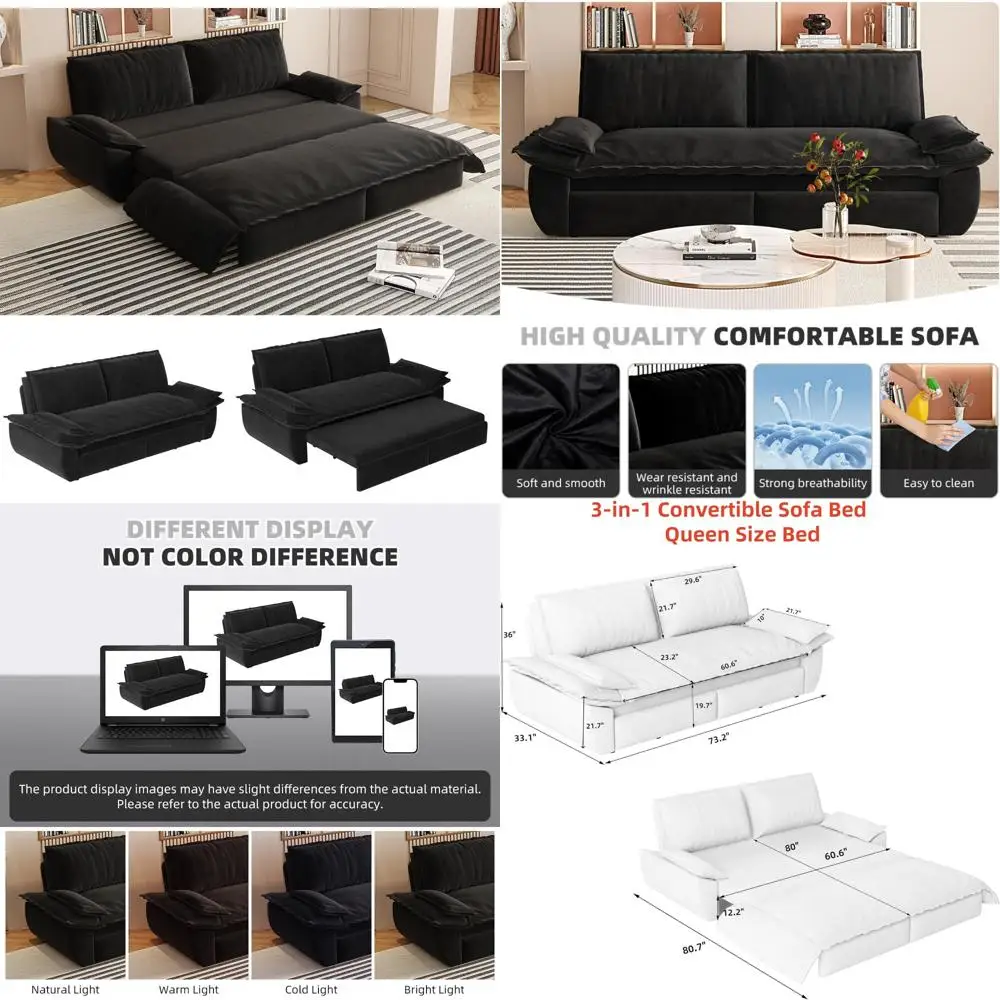 

Convertible 3-in-1 Velvet Loveseat Sofa Bed with Side Storage, Queen Size Multi-Functional Couch Bed for Living Room