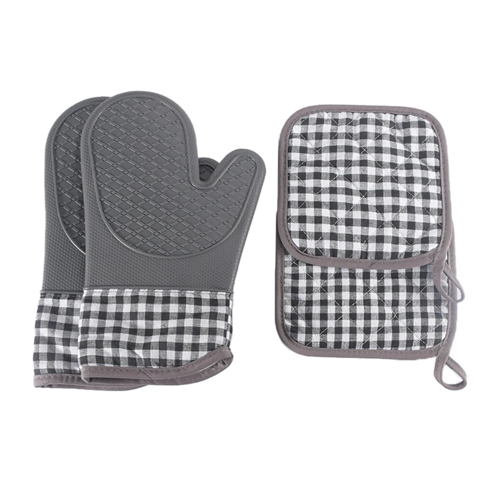 

X Oven Mitts Cotton Lining Silicone Gloves Anti Slip Silicon Strips Easy To Clean Grey And Black Heat Protection