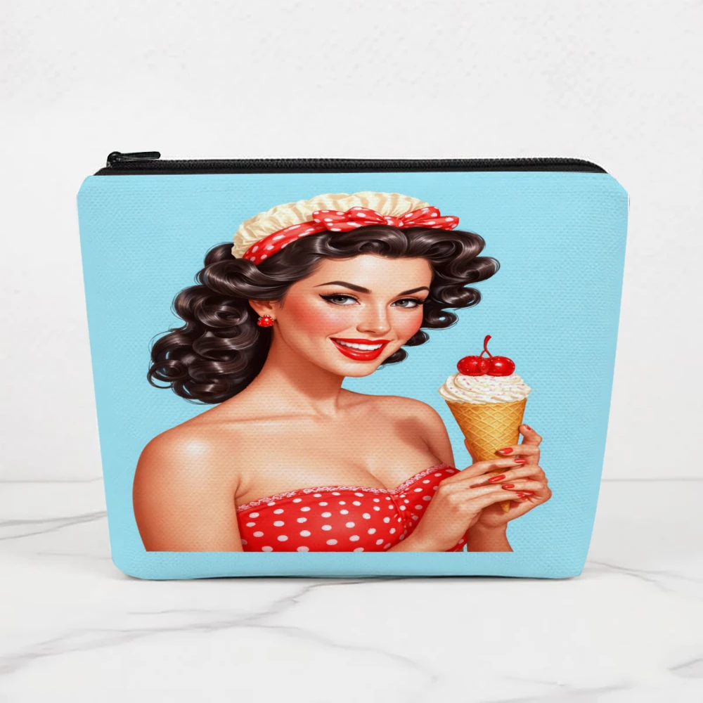 

Косметичка Pinup Girl With Ice Cream для девочек, косметический мешочек, сумка для туалетных принадлежностей, пенал, дорожный органайзер