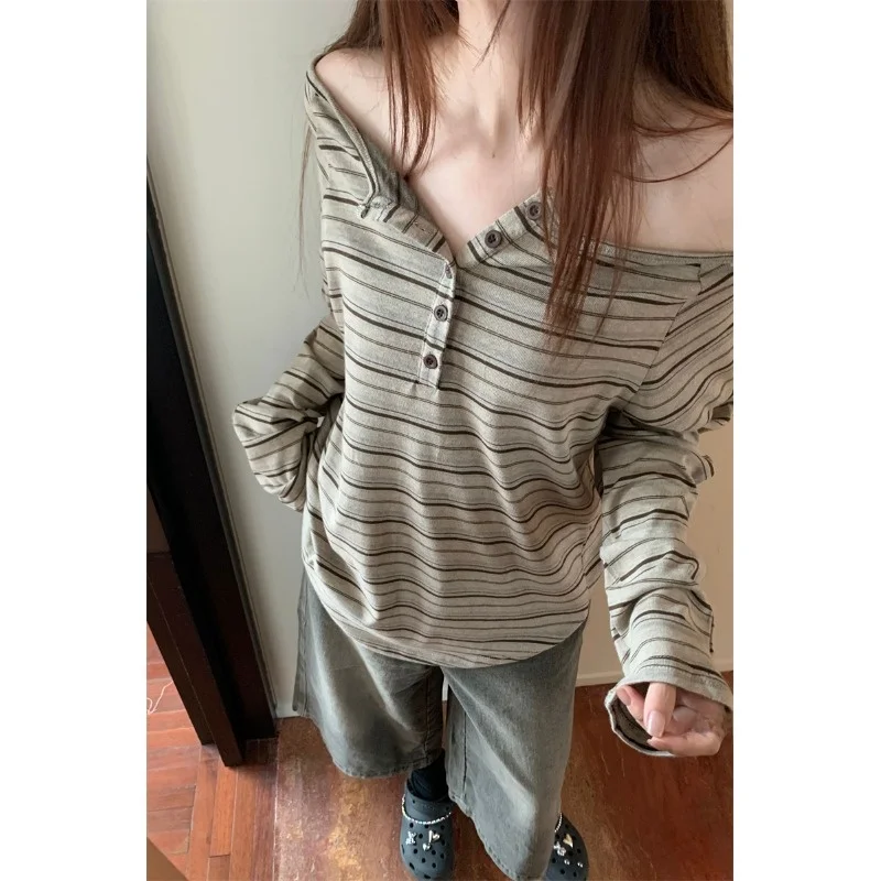 Shoulder Bared One Shoulder Long Sleeve Striped T Shirt Women's Korean Sle Fashion Slimming Versatile Top Trendy Autumn Com...