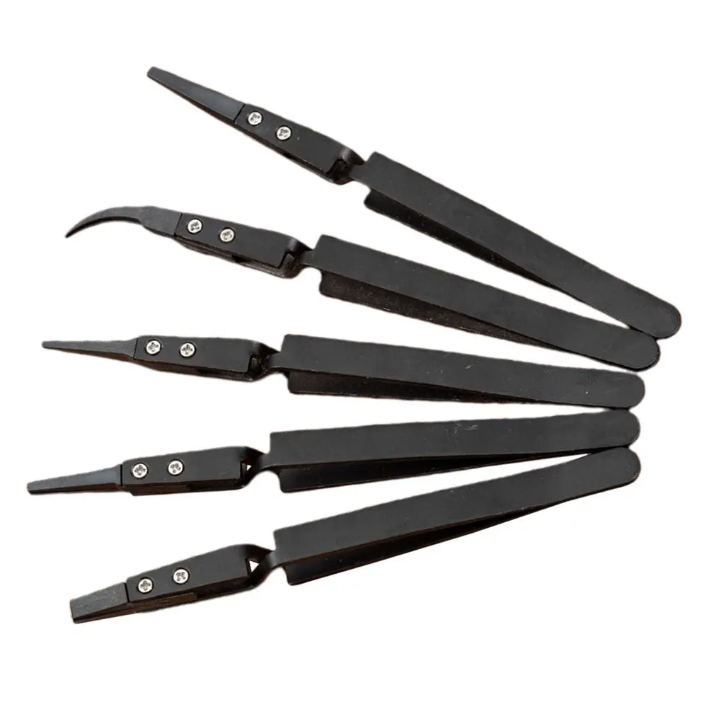 5 قطعة ملاقط إلكترونية بلاستيكية دقيقة مقاومة للحرارة عازلة طرف منحني مقبض من الفولاذ المقاوم للصدأ للاستخدام الصناعي متين #3