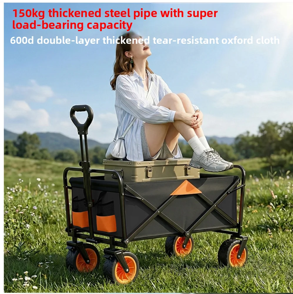 Heavy Duty Four-wheel Platform Foldable Camping Wagon Collapsible Utility Cart With Canopy For Garden Outdoor Beach
