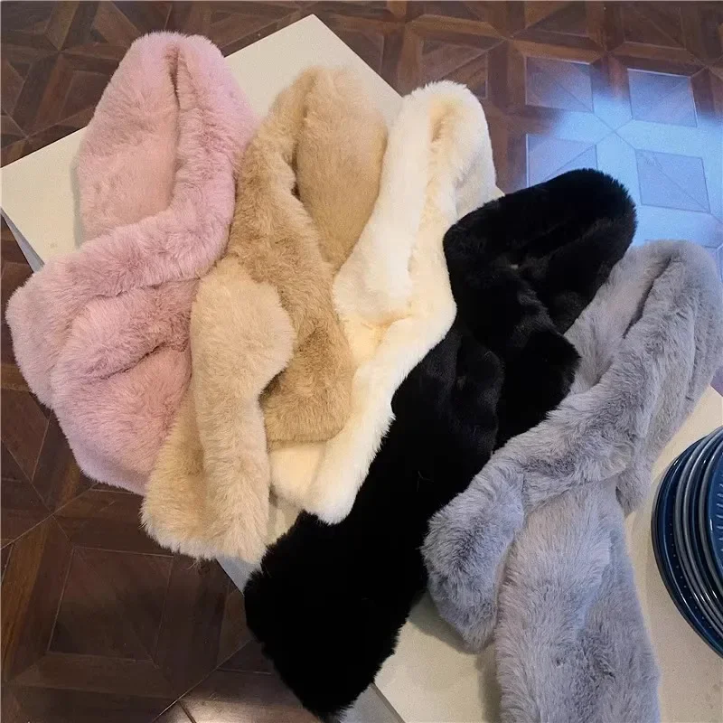 Winter Warm Thicken Scarfs for Women Solid Color Faux Rabbit Fur Plush Cross Collar Scarf Shawl Elegant Warm Soft Neck Scarf