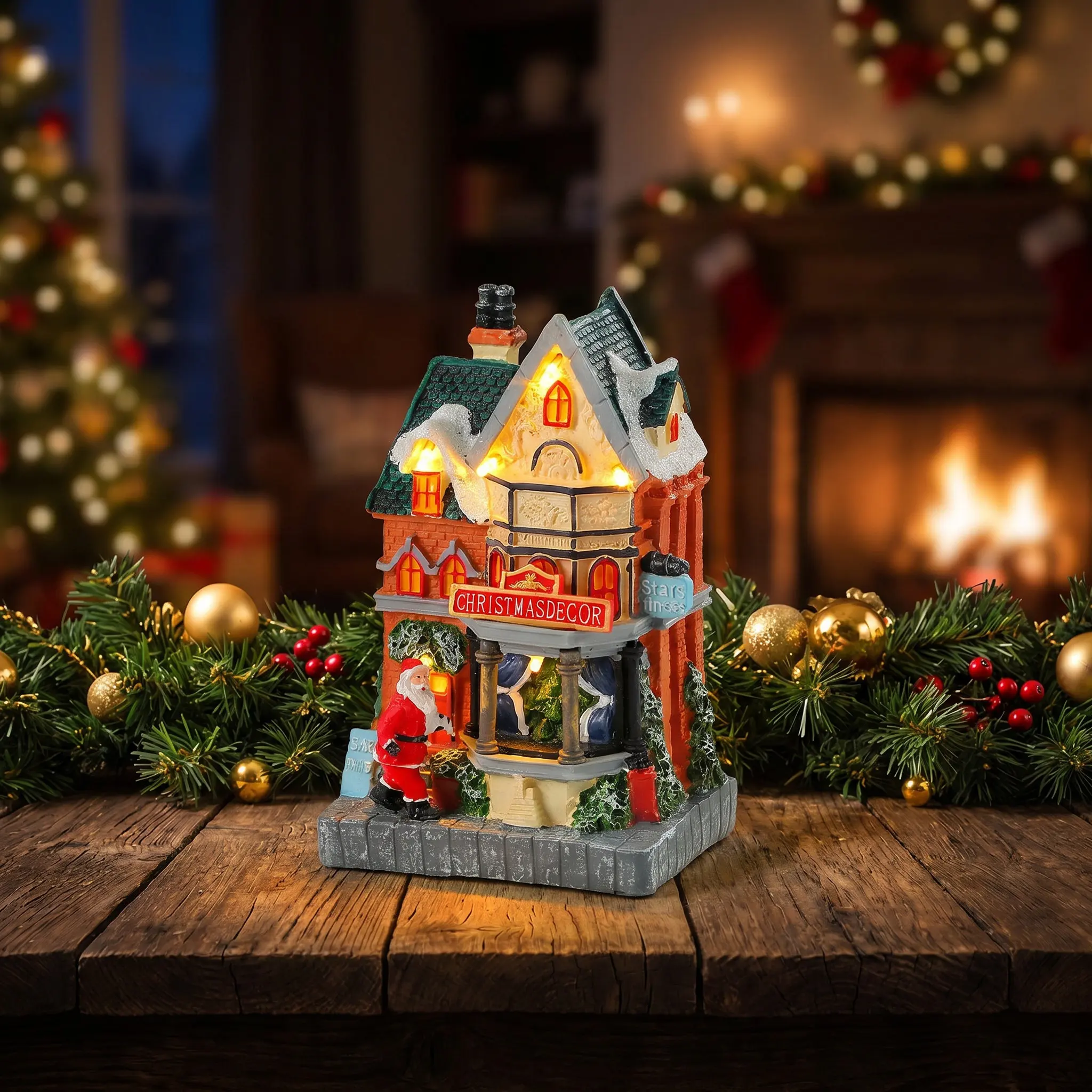 Mini Resin Illuminated Christmas Village Santa Lighted LED Holiday Tabletop Mantel Decor Minature Xmas