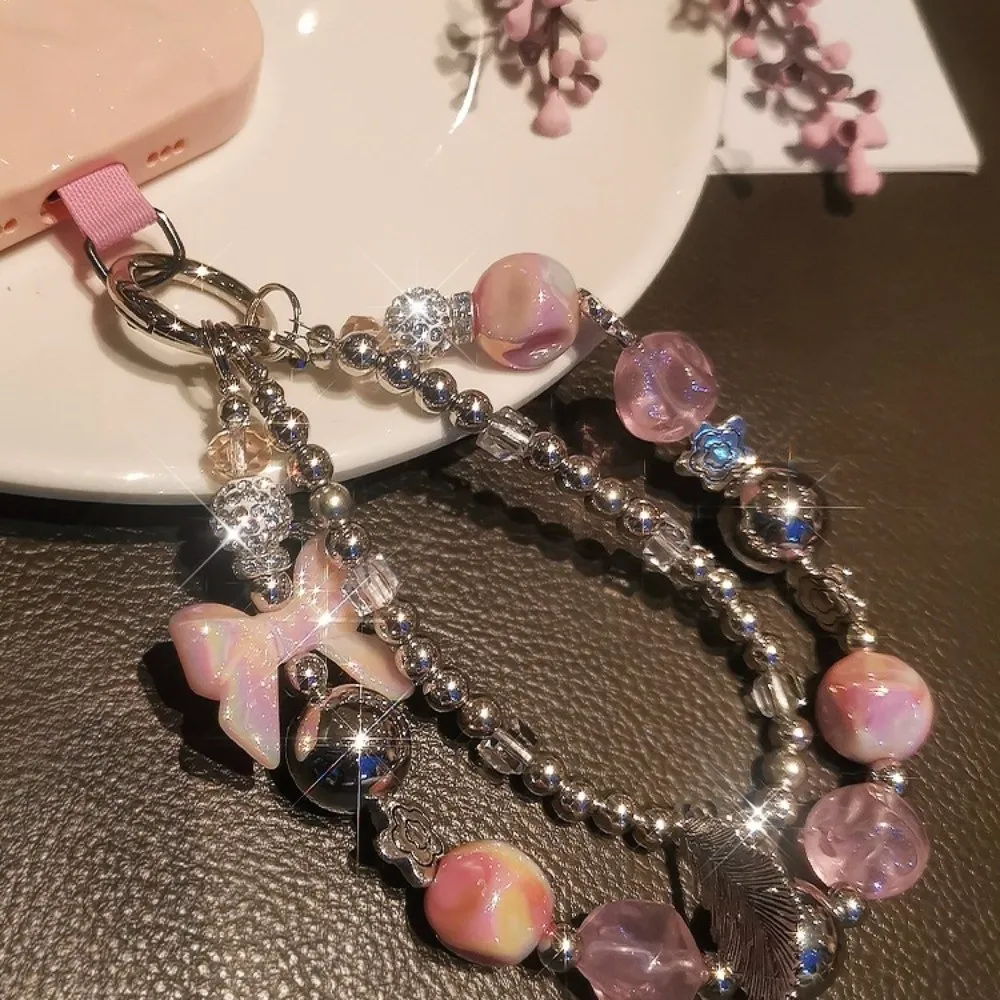 

Beaded Lanyard Feather Beaded Phone Chain Cute Bow Bead Phone Pendant Short Cartoon Phone Wrist Strap Jewelry