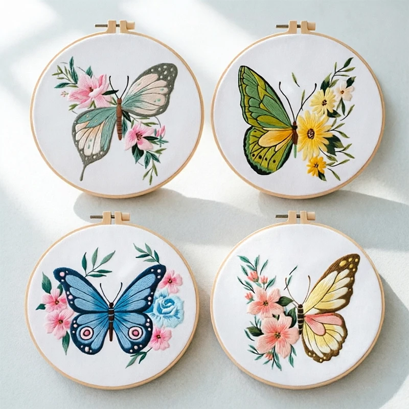1 kit de broderie papillon 20x20 cm (7,87 pouces) comprenant tissu, fil, aiguille et cerceau pour débutants, décoration intérieure DIY, artisanat