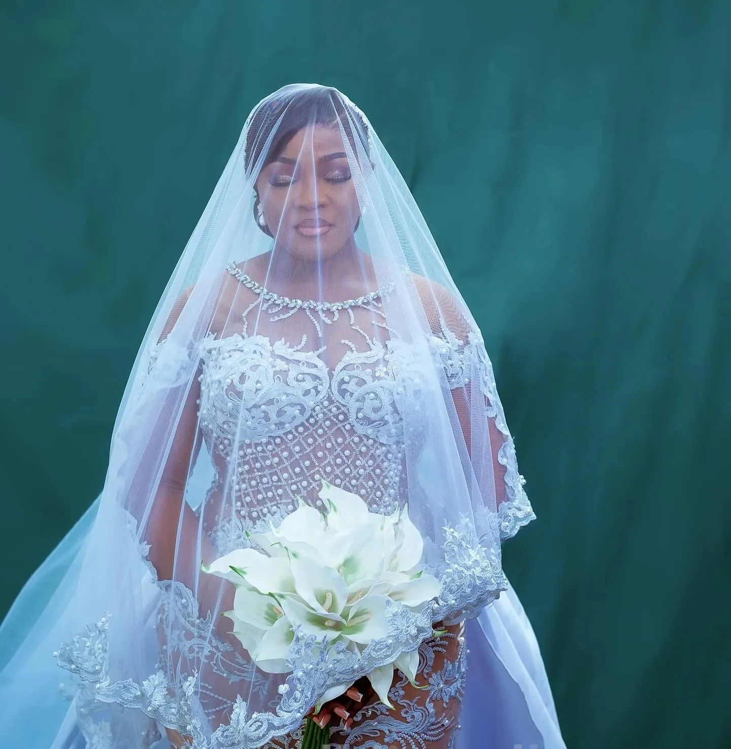 Съемные африканские свадебные платья Черные девушки Русалка с длинными рукавами Кружева с жемчугом Aso Ebi Свадебные платья Vestido De Novia по индивидуальному заказу