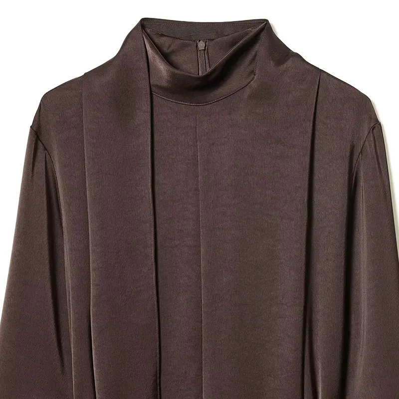 NLZGMSJ 2026 봄 파티 드레스 여성 긴 소매 스카프 칼라 미니 드레스 패션 섹시 새틴 브라운 벨트 드레스