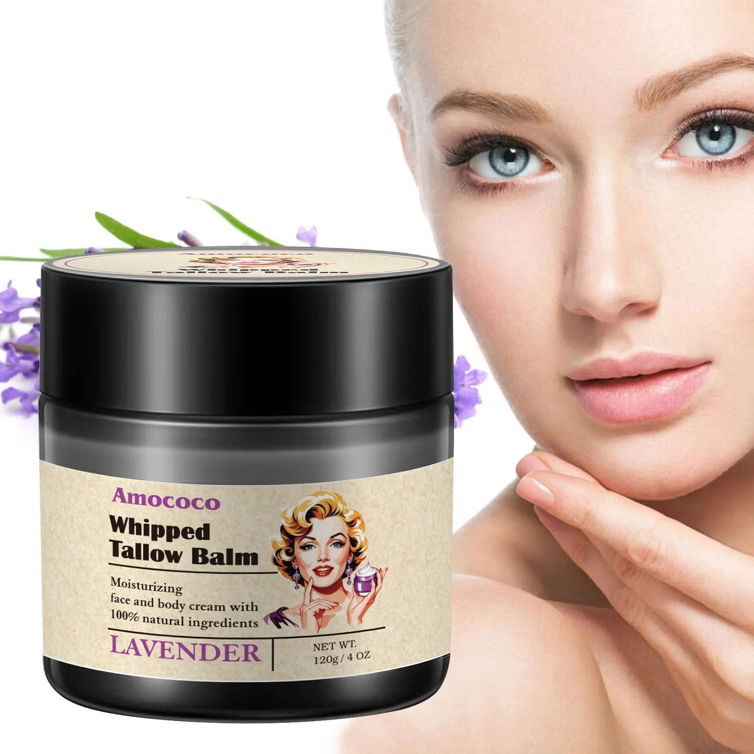 Amococo 1/2pcs Whipped Tallow Balm 120g 4oz Beef Tallow Moisturizer Cream Lavender Vanilla Scent Face Body Care Grass Fed Tallow with Olive Oil Essential Oil Nourishing Skin Moisturizing Balm