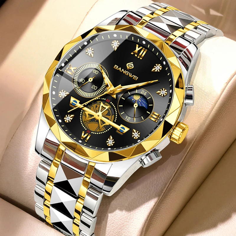 BANGWEI Mens Watches LIGE Top Brand Luxury 24 Hour Moon Phase Watch Men Fashion Business Waterproof Quartz Man Wristwatch