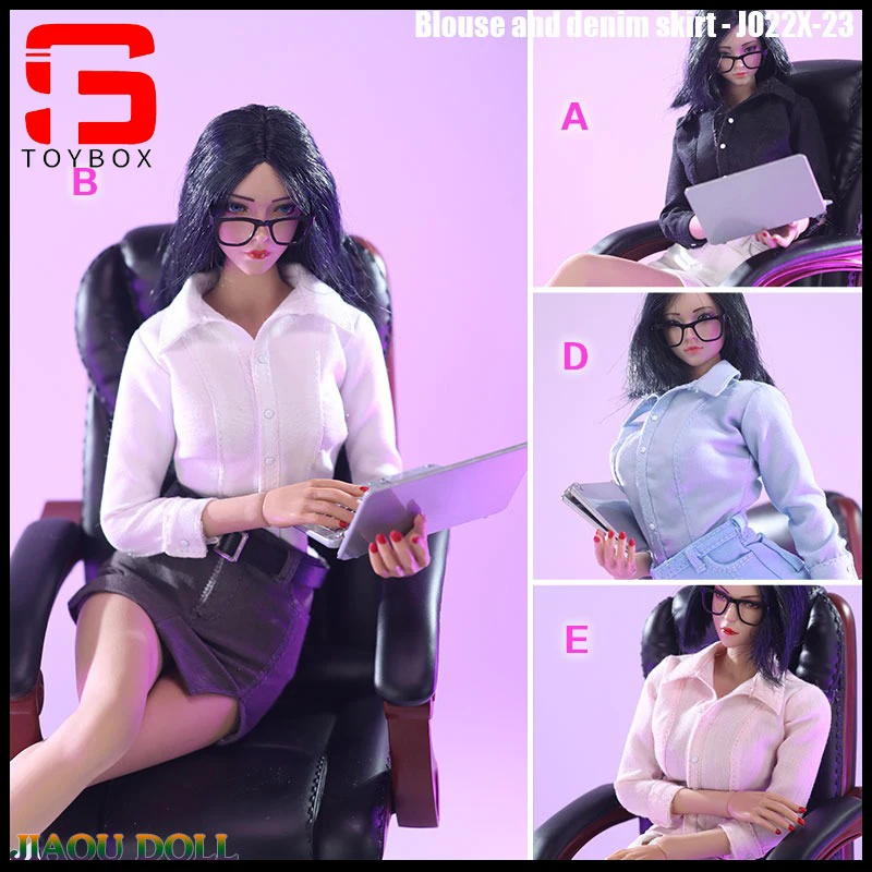 JO22X-23 1/6 여성 블라우스 데님 스커트 OL 정장 셔츠 반바지 바지 세트 의류 모델 맞는 12 "아시아 액션 피규어 바디