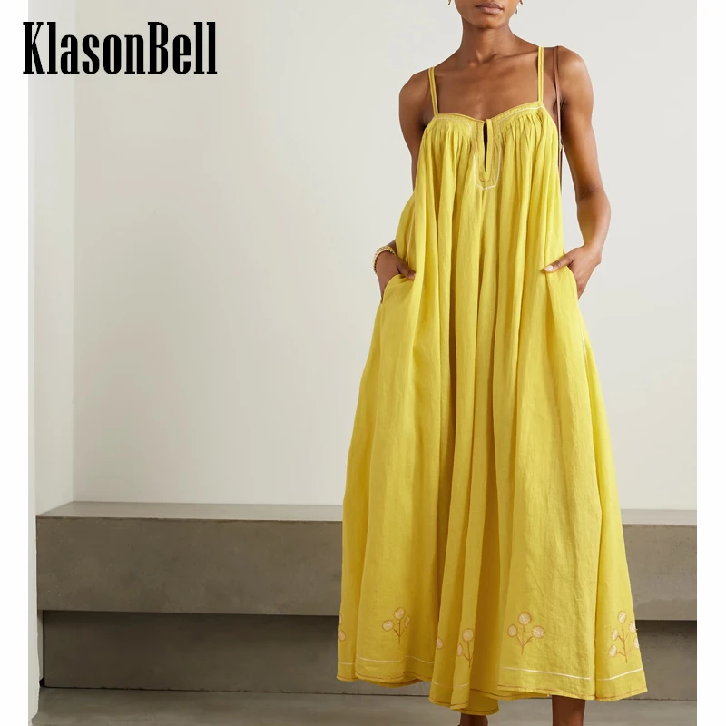 

6.11 KlasonBell Women's Print Embroidery Pleated Linen Blend Maxi Dress Tmperament Loose Suspender Holiday Beach Dress