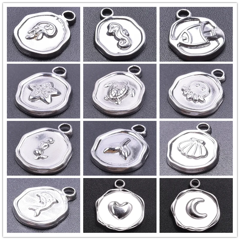 10pcs/Lot Wholesale Round Marine Animal Pendant Octopus Sea Turtle Stainless Steel Charms For Jewelry Making Supplies Breloques