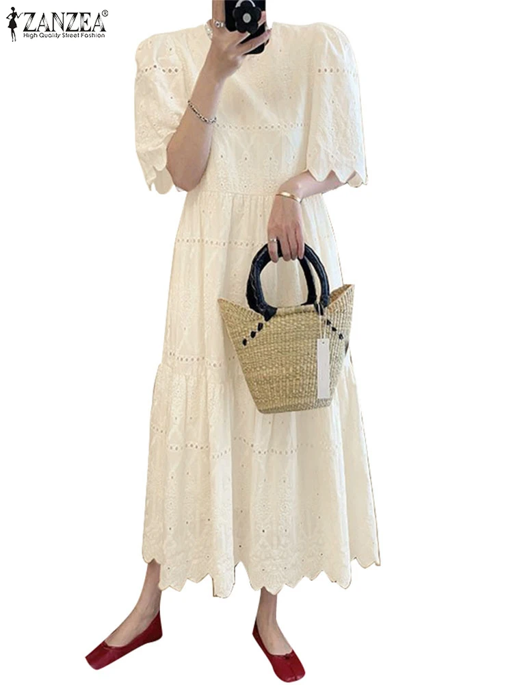 ZANZEA Stylish Summer Dress Women Elegant Casual Holiday Party Dresses Embroidery Sundress Bohemain O Neck Short Sleeve Vestidos