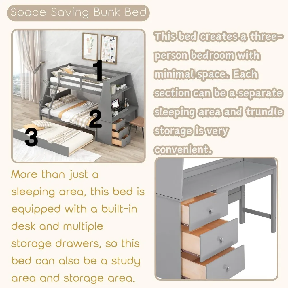 Twin Over Full Bunk Beds with Trundle and Desk, Three Storage Drawers and One Shelf for Kids Boys Girls Teens, Wood Bunk Bed