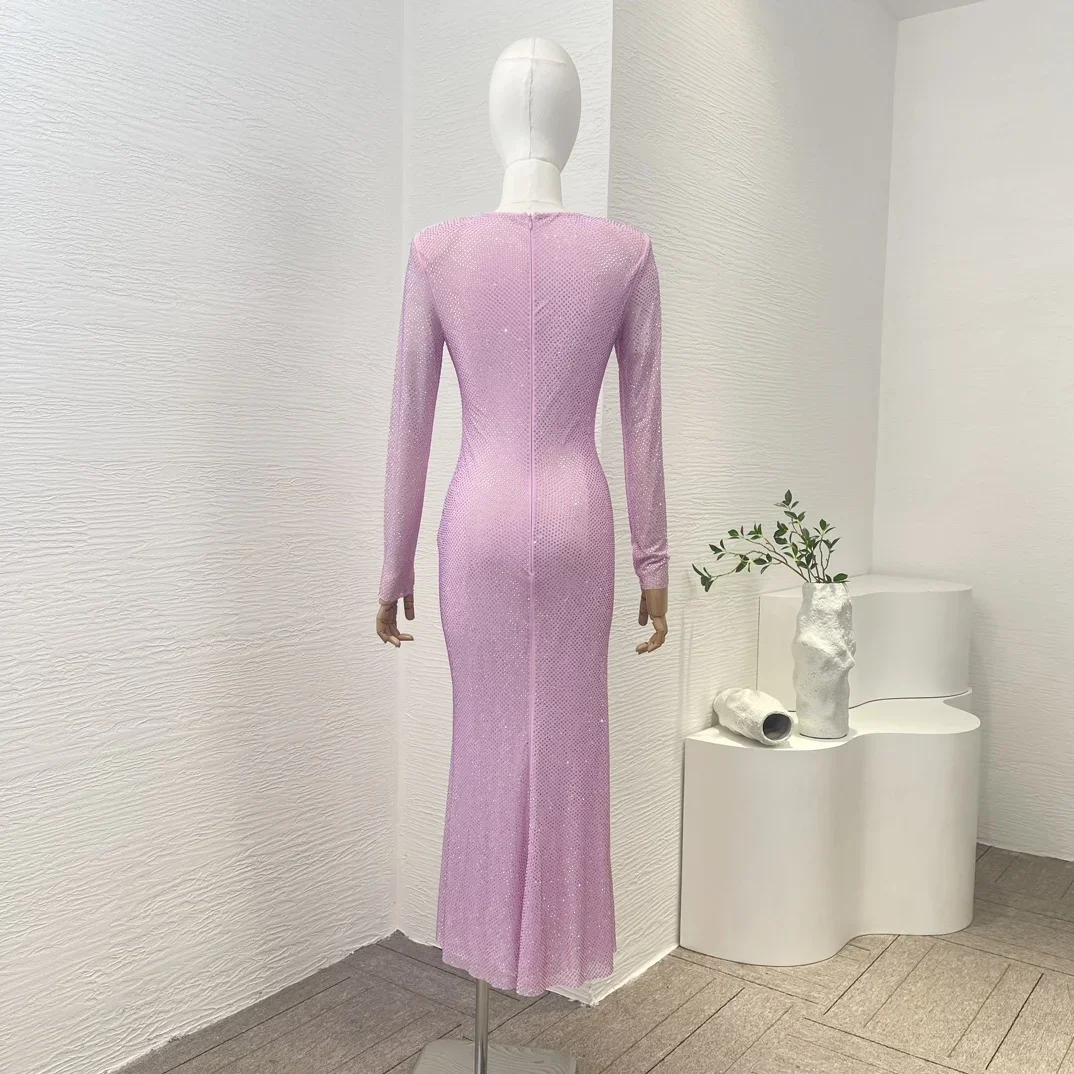 Evening Party Women Bubblegum Pink Rhinestone-studded Mesh Gathered Long Sleeves Flared Split Hem Midi Dress