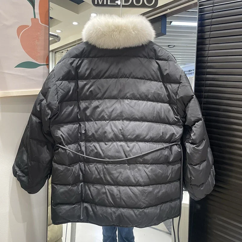 المرأة الأبيض بطة أسفل الرباط أبلى الشتاء منتصف طول كبير الفراء طوق وشاح أسفل سترة الإناث الدانتيل يصل باركر مبطن سترة