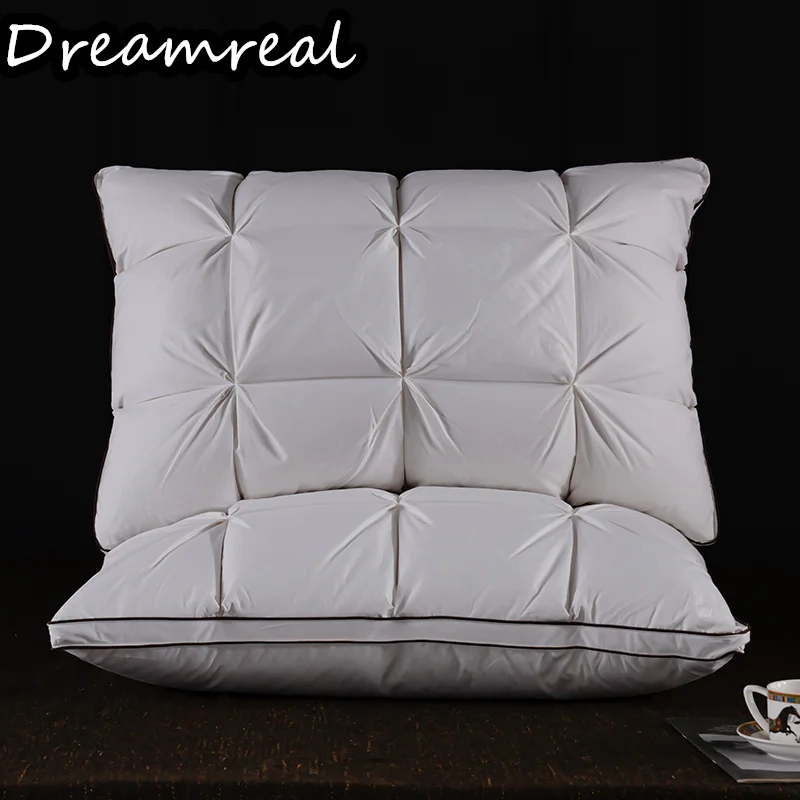 Dreamreal Super Support Soft White Goose Down Feather Pillow Luxury Fluffy Hotel Pillows Bed Pillow Cotton Cover Neck Protection