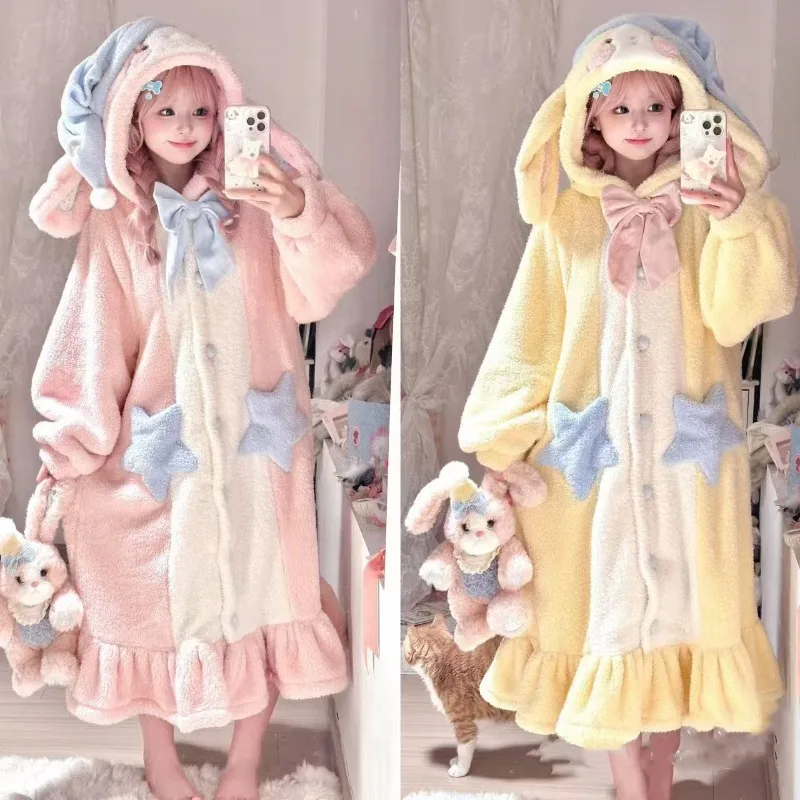 

MINISO Rabbit Pajamas Nightgown Pants Full Set Fluffy Winter Costume Cute Animals Sleepwear for Women Loungewear Warm Clothes