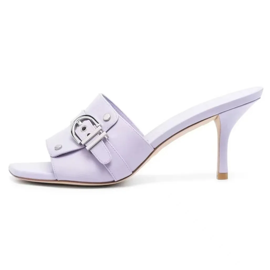 Purple Leather Women Slippers Belt Buckle Square Toe Zapatillas De Mujer Ladies Slingback Shoes Stiletto Heels Sapatos Feminino