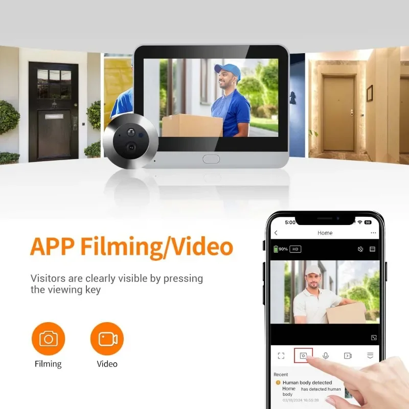 Câmera De Vídeo Inteligente WiFi Peephole, Segurança Doméstica, Visão Noturna, Camer De Porta, 1080P, 4,3"