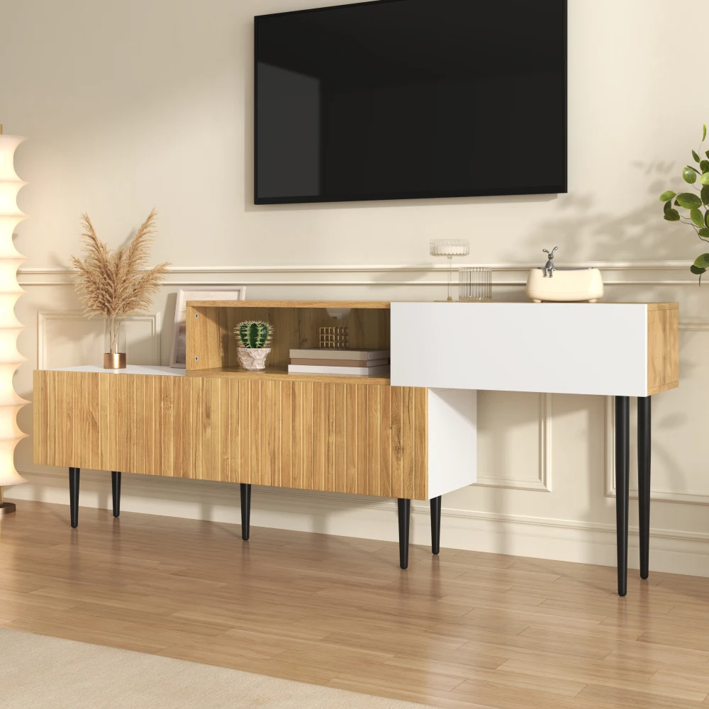 Moderner TV-Schrank mit verstellbarer Länge, Holzoptik + weiß matt, schwarze Metallbeine, multifunktionale Wohnzimmermöbel – Detail 11