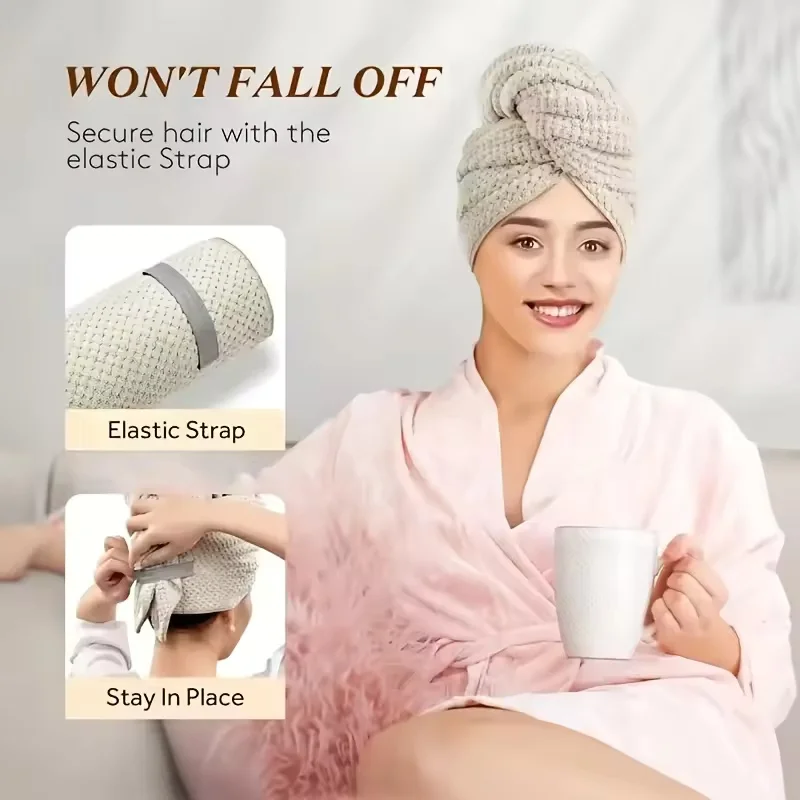 منشفة تجفيف الشعر الكبيرة بلون سادة ماصة للماء من الألياف الدقيقة مع حزام مطاطي، منشفة ناعمة سريعة الجفاف للشعر