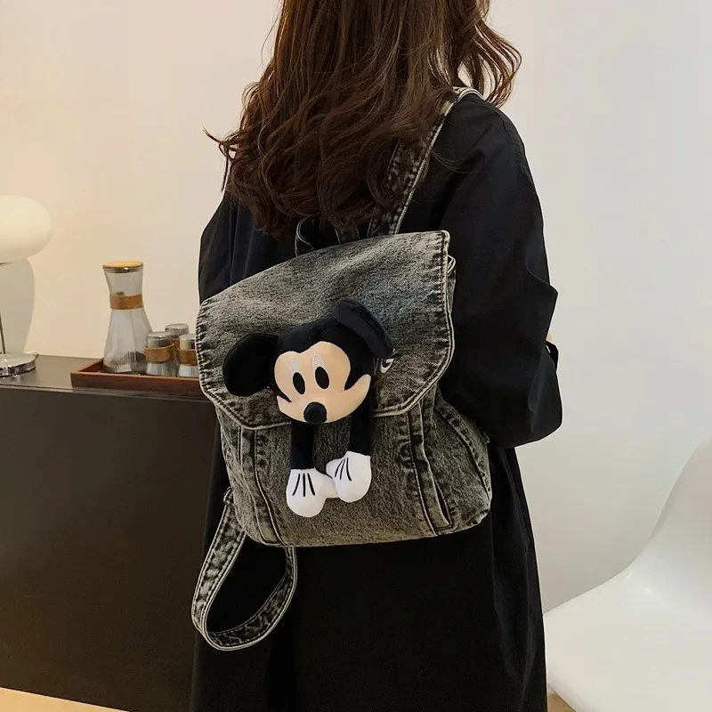 Women's Denim Backpack Autumn Winter Thick Doll Decoration Cute Large Capacity Washed School Bag for Daily & Travel Use