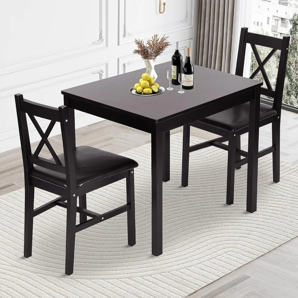 

US Shipping 3 Piece Small Square Dining Table Set with 2 Chairs Dark Brown Space Saving Kitchen Dinette