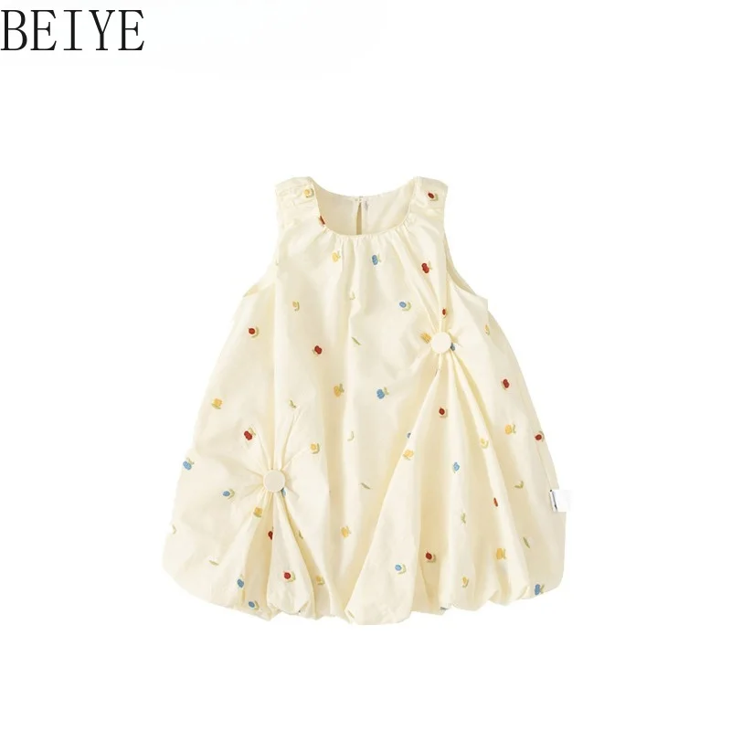Baby Girls Sleeveless Bubble Dress Colorful Fruit Embroidery Halter Neck Button Puff Hem Toddler Summer Casual Cotton Sundress