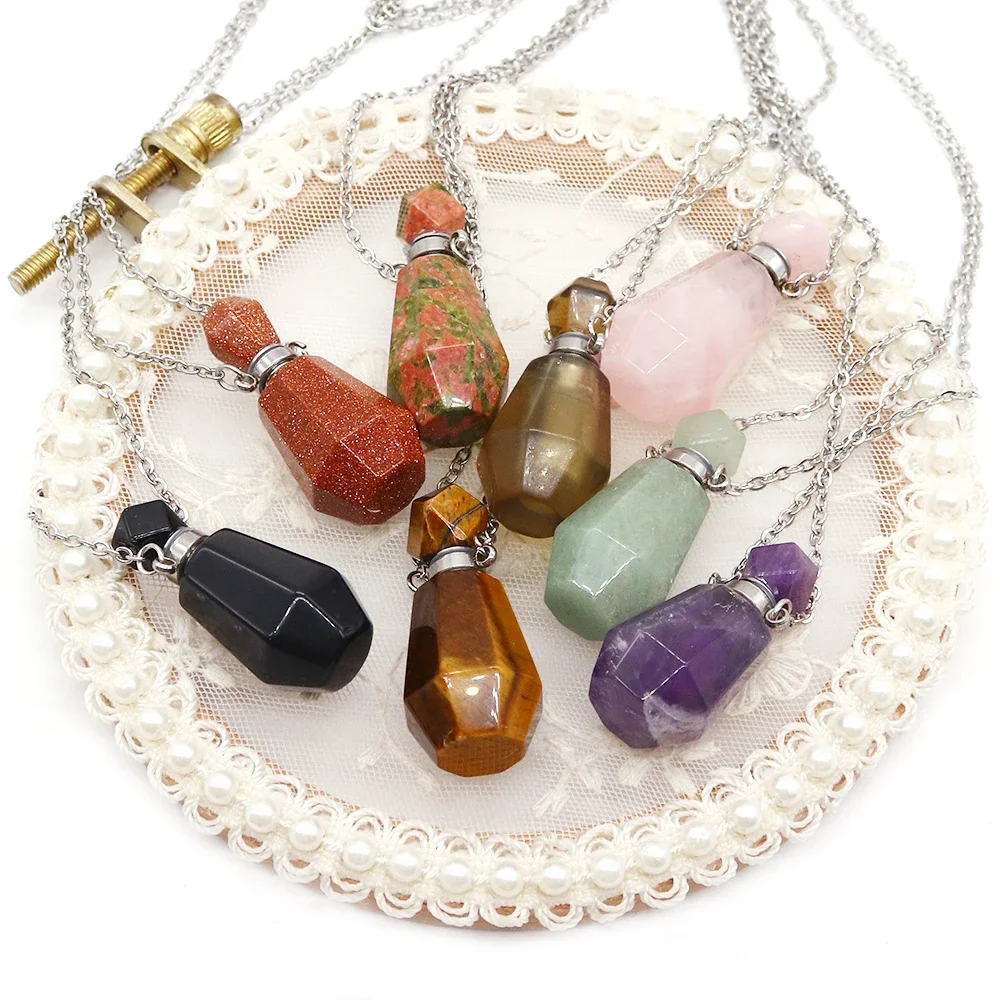 Natural Stone Polished Carved Flower Green Stone Crystal Cut Polyhedron Perfume Essential Oil Bottle Pendant Necklace Jewelry