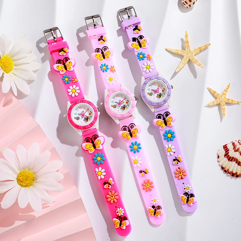 Reloj Infantil Digital Sencillo Manecillas de Mariposa Diseño Relojes de Cuarzo Casual Deportes Púrpura Silicona Niñas Reloj Regalo Reloj de pulsera