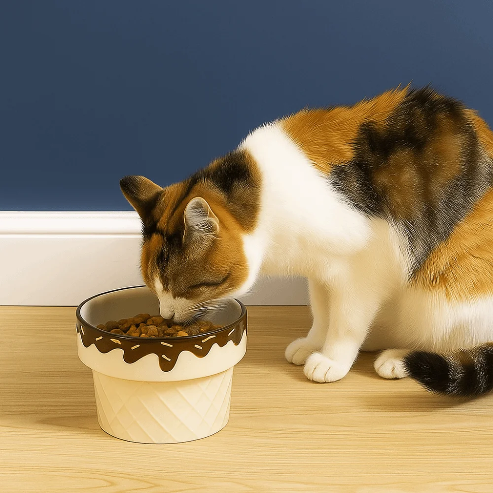 وعاء قطط من السيراميك على شكل آيس كريم لحماية القدم العالية وعاء قطط مرتفع بقاع مسطح وقطر كبير غير قابل للانزلاق وعاء طعام للقطط