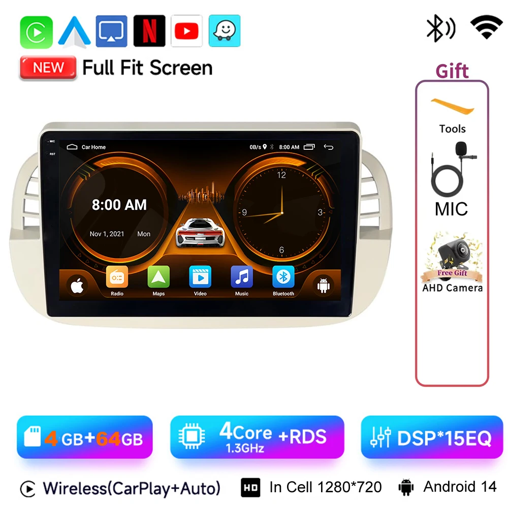 JIUYIN 9 "Android 15 Autoradio Voor FIAT 500 2007-2015 Multimedia Draadloze CarPlay Android Auto GPS Navigatie 4G Stereo Scherm
