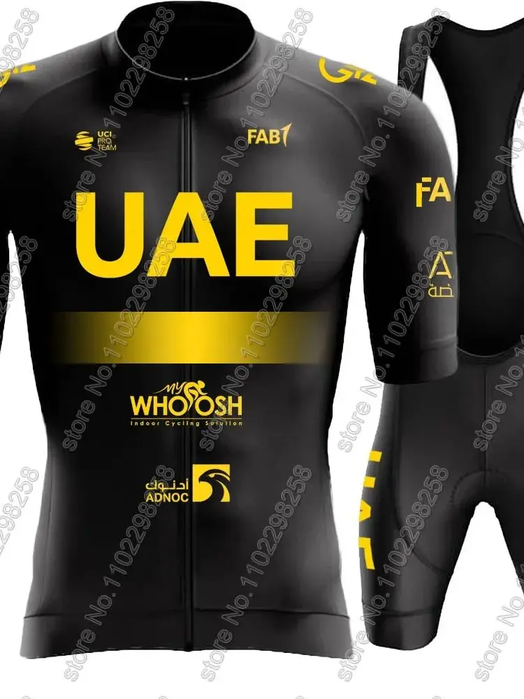 AliExpress Golden UAE Team 2025 Cycling Jersey Set Short Sleeve Mens Black Clothing Road Bike Shirts Suit