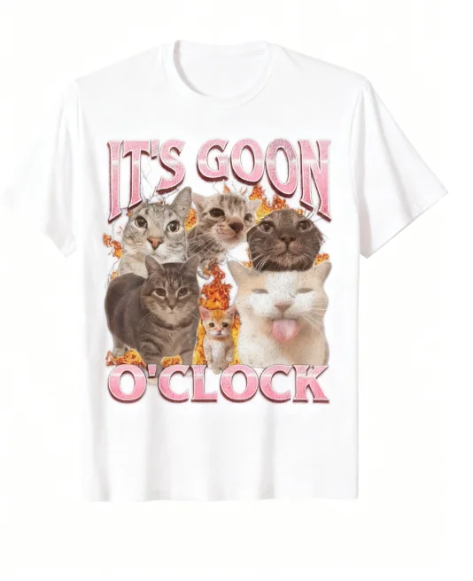 2025 تي شيرت رجالي It's Goon O Clock Laughing Cat Meme تي شيرت 100% قطن برقبة دائرية وأكمام قصيرة تي شيرت مضحك نمط نص جريء