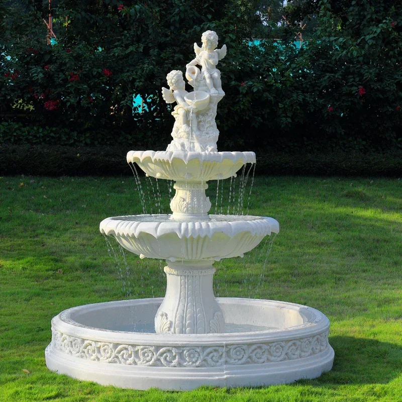 Large European-style flowing water fountain, outdoor garden, fish pond, water feature, courtyard floor-to-ceiling decoration