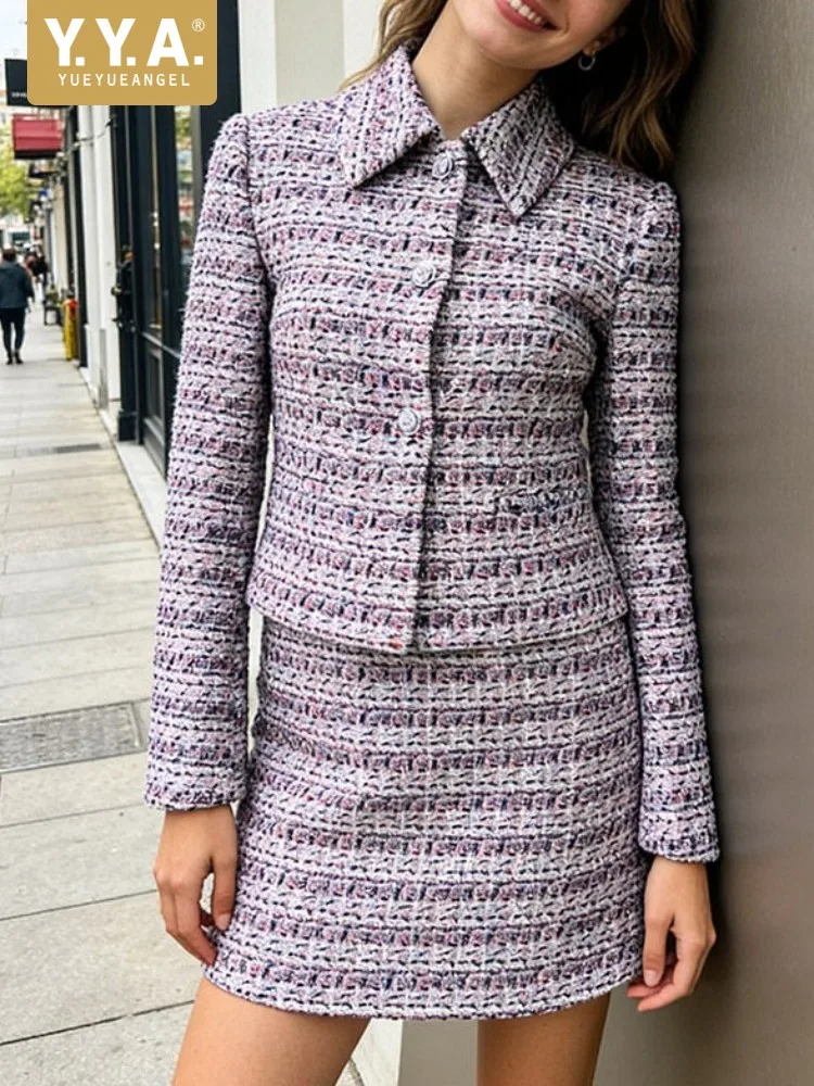 Women Two Piece Set Spring Slim Fit Single Breasted Woolen Tweed Jacket A Line Tank Dress Elegant Office Ladies Matching Sets
