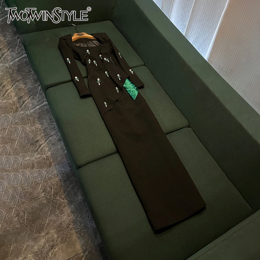 

TWOTWINSTYLE Solid Elegant Slimming Dinner Dresses For Women Square Collar Long Sleeve High Waist Chic Dress Female KDR537348