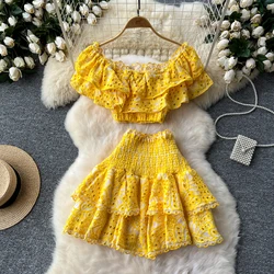 Chic Two Pieces Sets Sexy  off shoulder cut out ruffle Tank Blouse with Fashion Pleated short Skirt Embroidery Vacation Sets